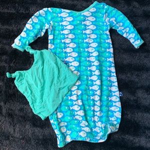 KicKee Pants Fish Print Layette Gown & Knot Hat